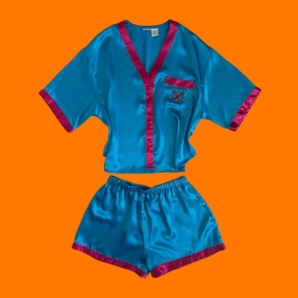 90's vintage blue satin 2pc pajama set MEDIUM